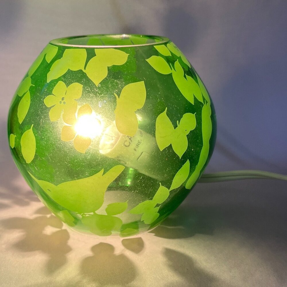 IKEA Knubbig Green Handblown Glass Table Lamp Etched Floral Leaf Pattern Vintage
